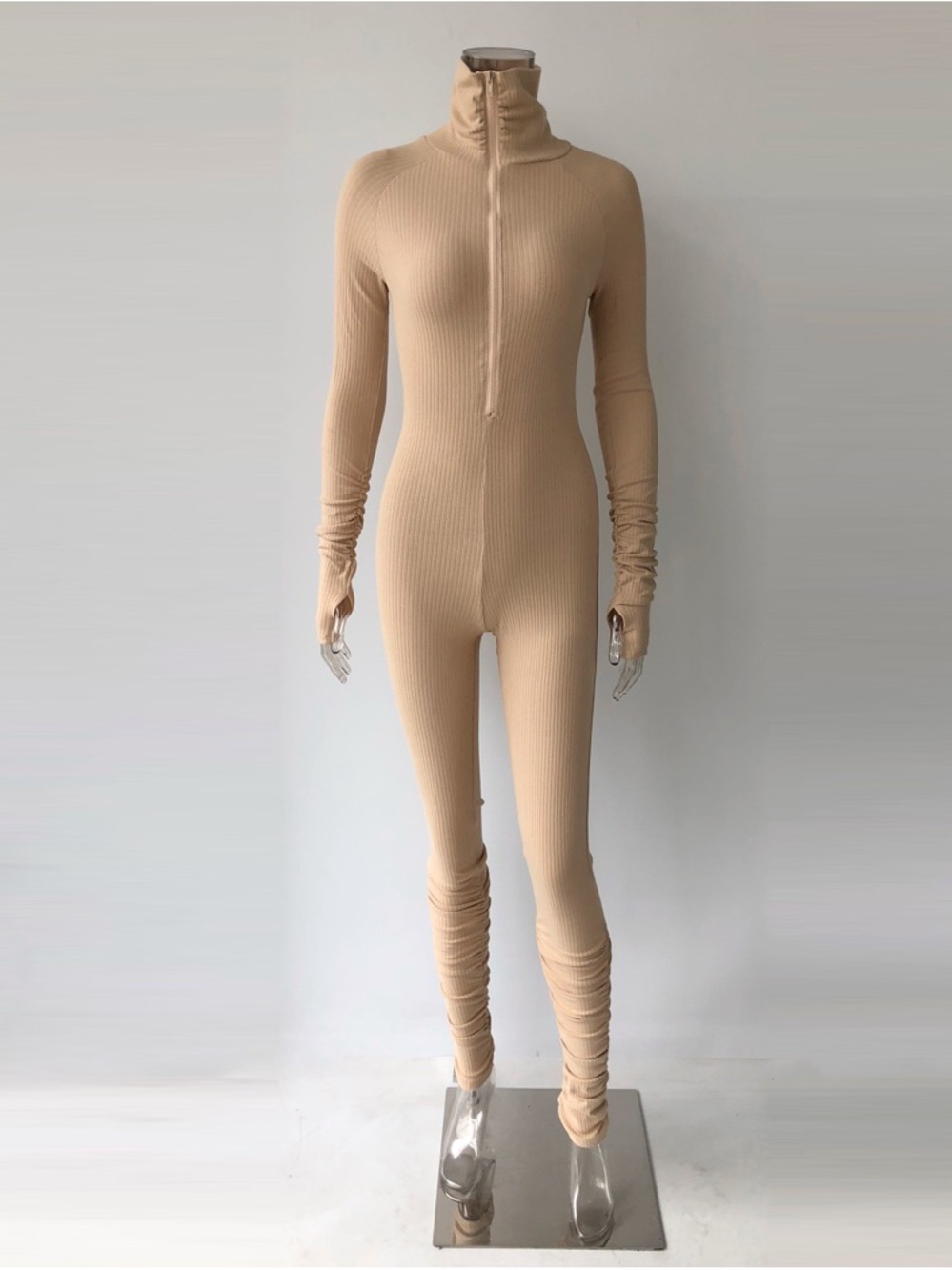 Ribbed Zip-Front Nude Jumpsuit